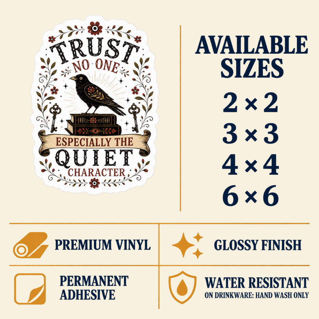 Size and care guide for the “Trust No One, Especially the Quiet Character” sticker: 2 × 2, 3 × 3, 4 × 4, and 6 × 6 inches; premium vinyl, glossy finish, permanent adhesive, water resistant; hand wash only on drinkware.
