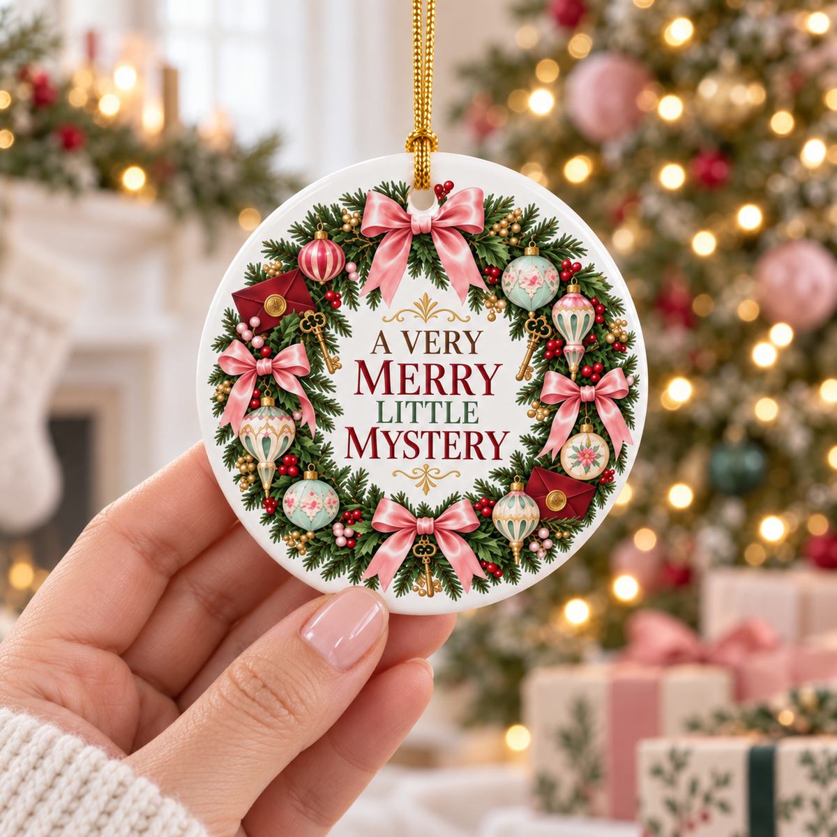 Hand holding an “A Very Merry Little Mystery” ornament in front of a softly lit Christmas tree, fireplace and pink-wrapped gifts.