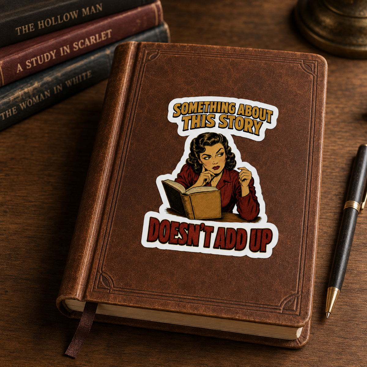 “Something About This Story Doesn’t Add Up” sticker with a retro reader in a red jacket studying an open book, shown on a brown journal.