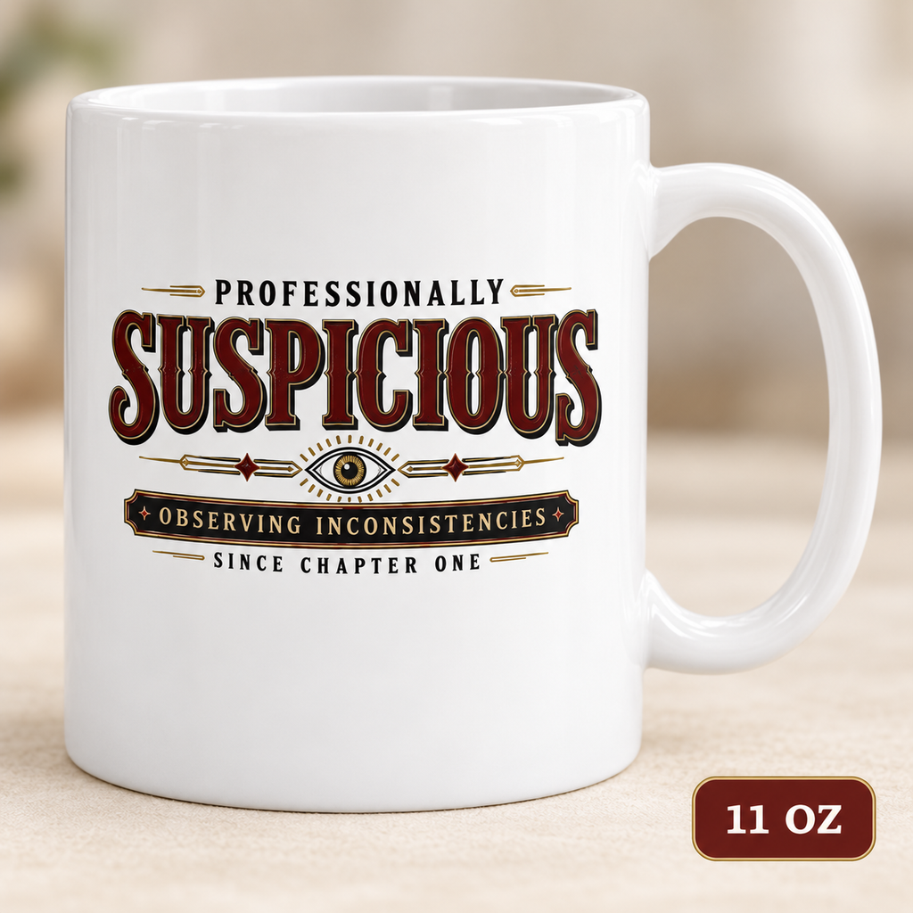 Close-up of an 11 oz white ceramic mug with an eye motif and the words “Professionally Suspicious—Observing Inconsistencies Since Chapter One.”